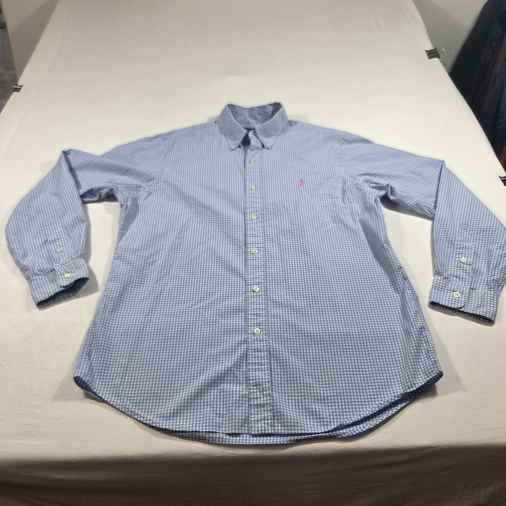 Ralph Lauren Shirt Classic Fit Long Sleeve Blue Gingham Casual Shirt Men Large